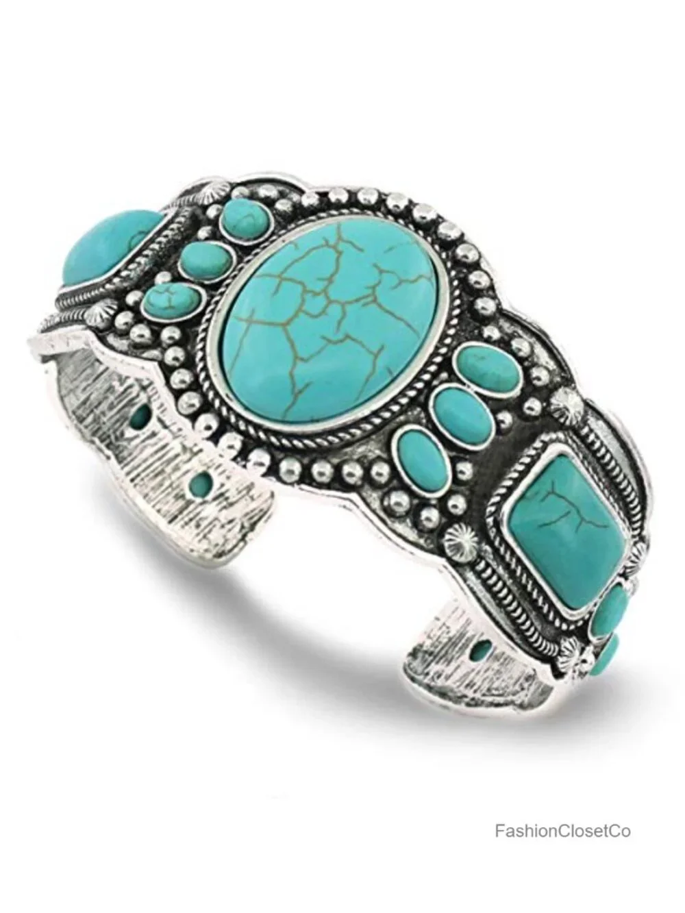 Antique Rgentium Plated Heart Cuff Bracelet Turquoise Bangle Jewelry